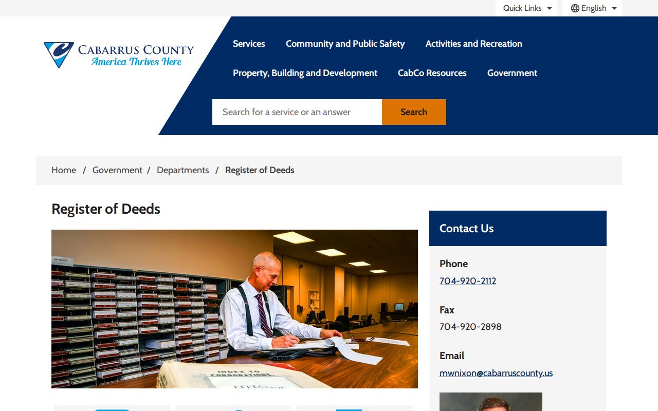 Cabarrus County residents directory Register of Deeds records page