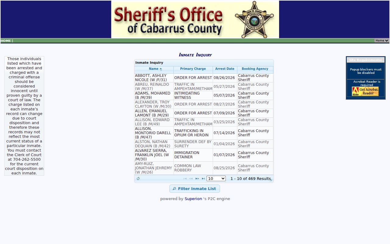 Cabarrus County resident lookup P2C inmate inquiry fields