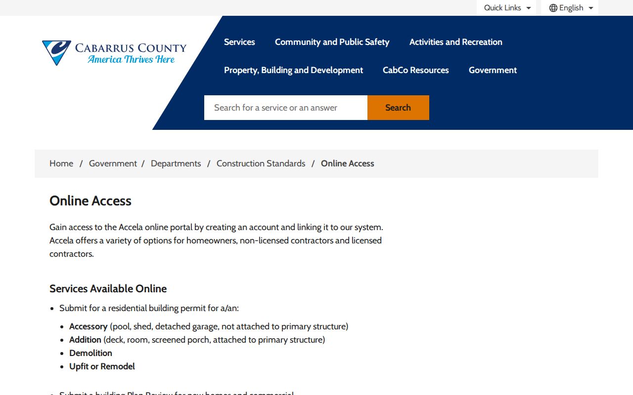 Cabarrus County street directory permit and inspection access