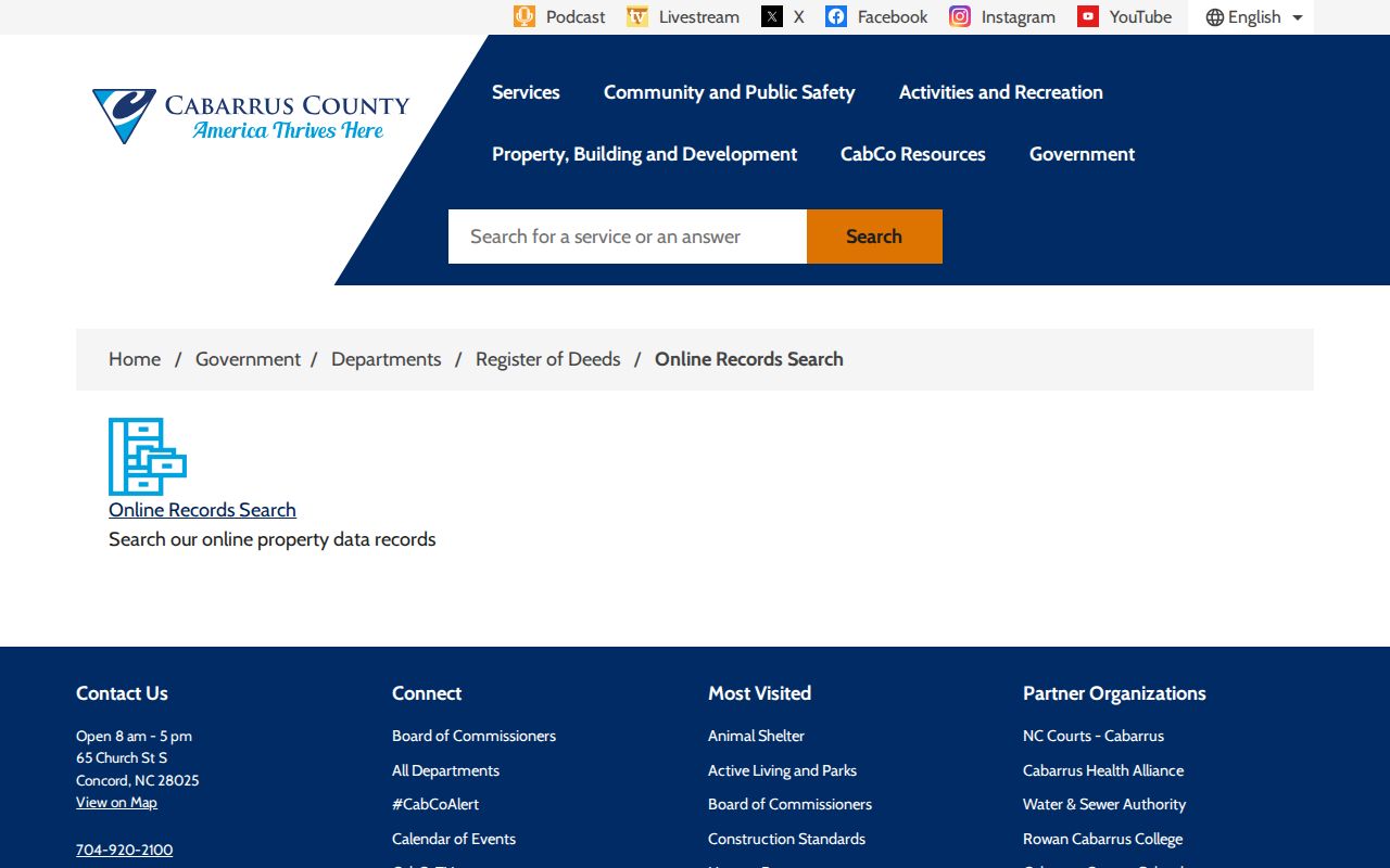 Cabarrus County street directory online land records access