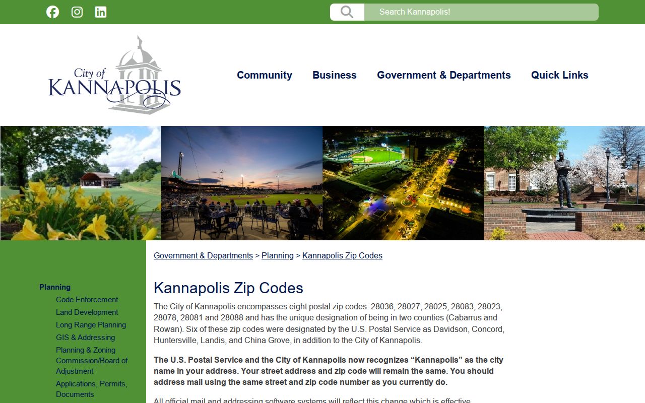 Cabarrus County ZIP code directory Kannapolis postal geography